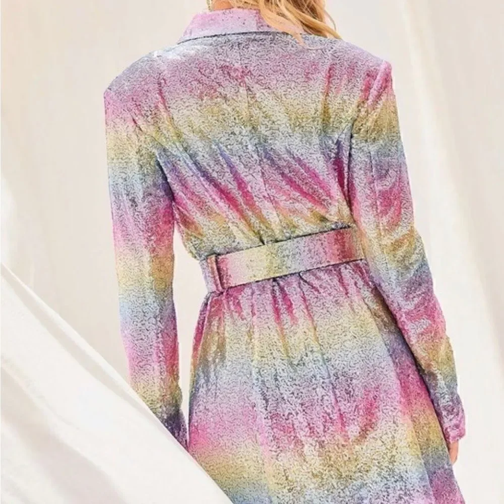 Pastel rainbow sequin dress with belt